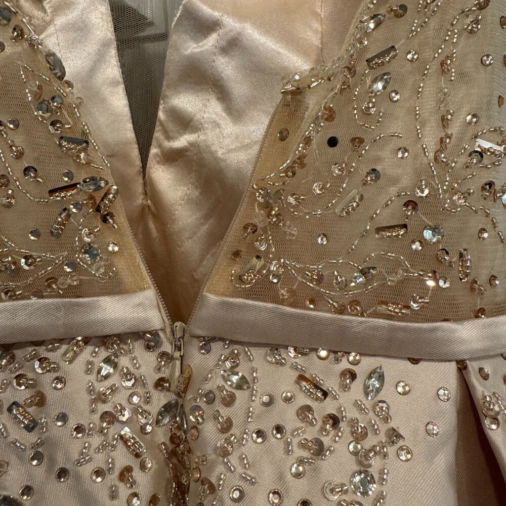 Gold Plunging Beaded Mikado Box Pleated Ballgown Size 10  ( Camille Lavie) - Picture 4 of 12